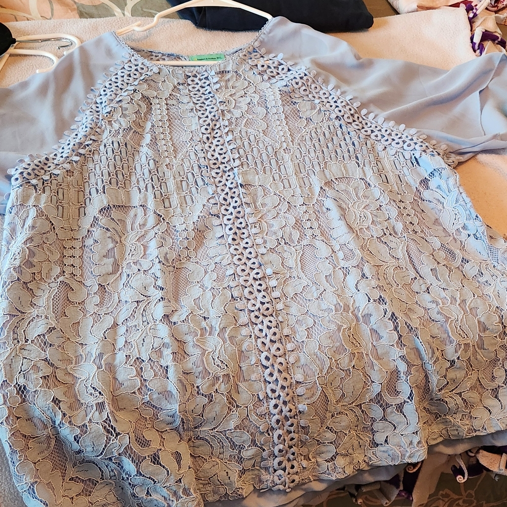 Blue Lace Pleated Blouse with Elegant Sleeves